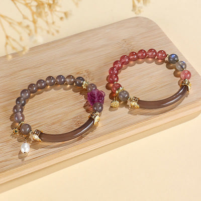 Buddha Stones Strawberry Quartz Labradorite Fluorite Pearl Cuff Half Bracelet Bangle Bracelet BS 13