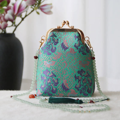 Buddha Stones Retro Chinese Embroidery Pearl Chain Crossbody Bag Shoudler Bag - MediumSpringGreen Flower 14*6*18cm - image 18