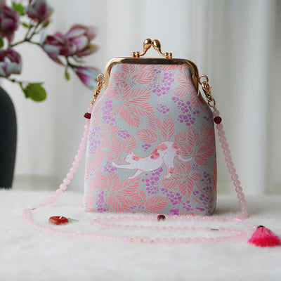 Buddha Stones Retro Chinese Embroidery Pearl Chain Crossbody Bag Shoudler Bag - Thistle Cat 14*6*18cm - image 34