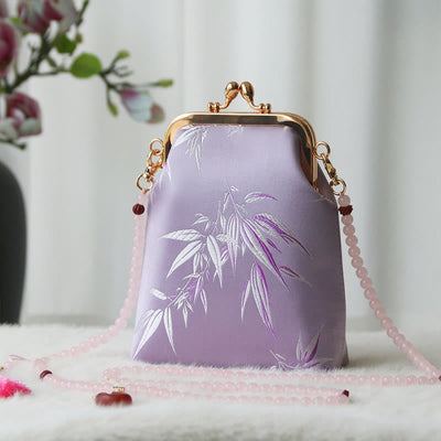Buddha Stones Retro Chinese Embroidery Pearl Chain Crossbody Bag Shoudler Bag - Violet Bamboo Leaves 14*6*18cm - image 32
