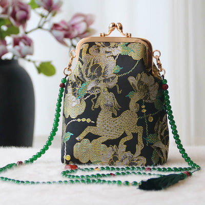 Buddha Stones Retro Chinese Embroidery Pearl Chain Crossbody Bag Shoudler Bag - Black Kirin Peony 14*6*18cm - image 35