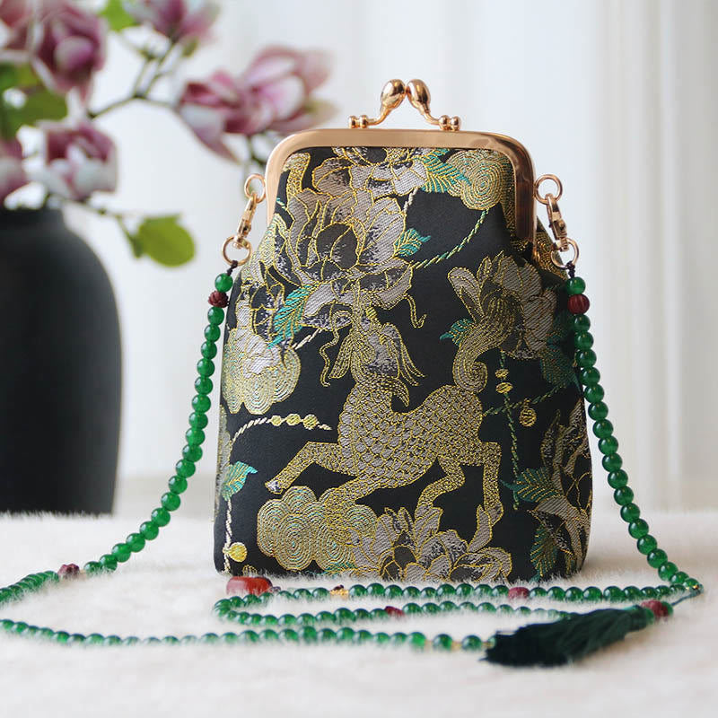 Buddha Stones Retro Chinese Embroidery Pearl Chain Crossbody Bag Shoudler Bag - Black Kirin Peony 14*6*18cm - image 35