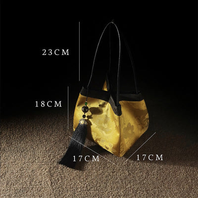 Buddha Stones Retro Flower Butterfly Bird Embroidery Bead Tassel Mulberry Silk Jacquard Xiangyunsha Silk Shoulder Bag Hangbags Shoudler Bag&Handbags BS 8