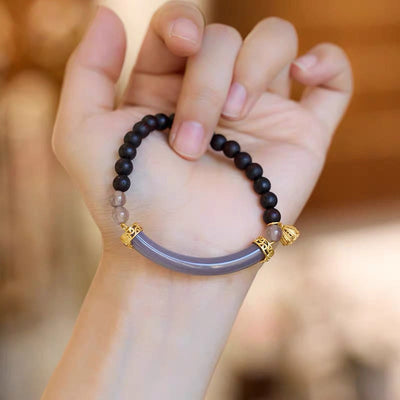 Buddha Stones Sandalwood Gray Agate Chalcedony Cuff Half Bracelet Bangle Bracelet BS 22