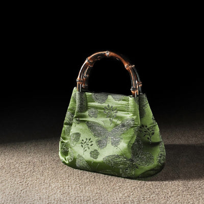 Buddha Stones Jacquard Flowers Butterfly Bamboo Handle Metal Chain Crossbody Bag Hangbags Crossbody Bag&Handbags BS 5