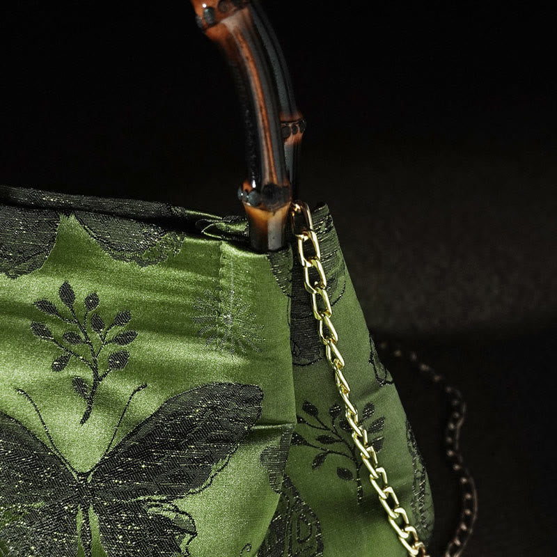 Buddha Stones Jacquard Flowers Butterfly Bamboo Handle Metal Chain Crossbody Bag Hangbags Crossbody Bag&Handbags BS 9