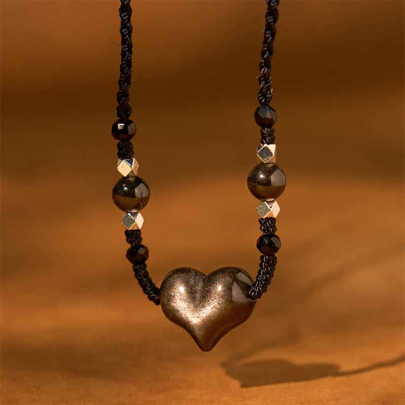 Foviel Natural Silver Sheen Obsidian Heart Protection Necklace Pendant