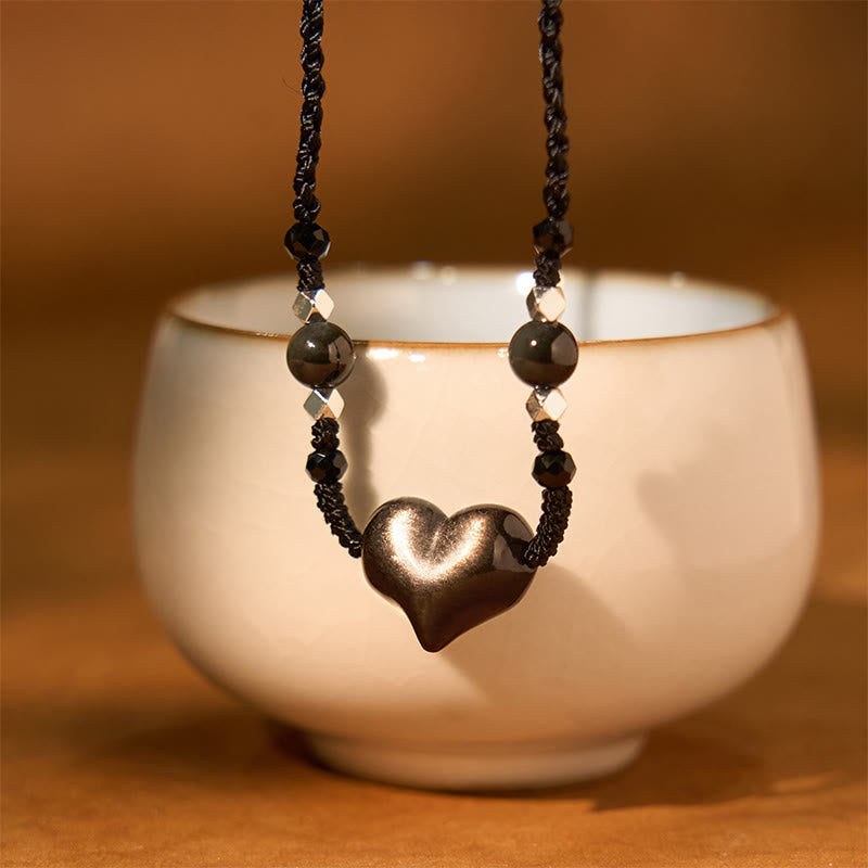 Foviel Natural Silver Sheen Obsidian Heart Protection Necklace Pendant