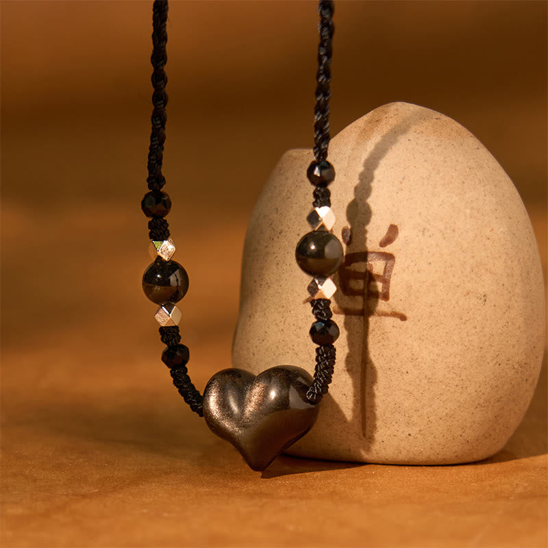 Foviel Natural Silver Sheen Obsidian Heart Protection Necklace Pendant