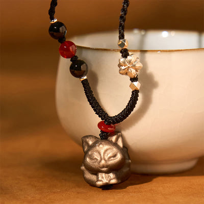 Foviel Natural Silver Sheen Obsidian Nine Tailed Fox Protection Necklace Pendant