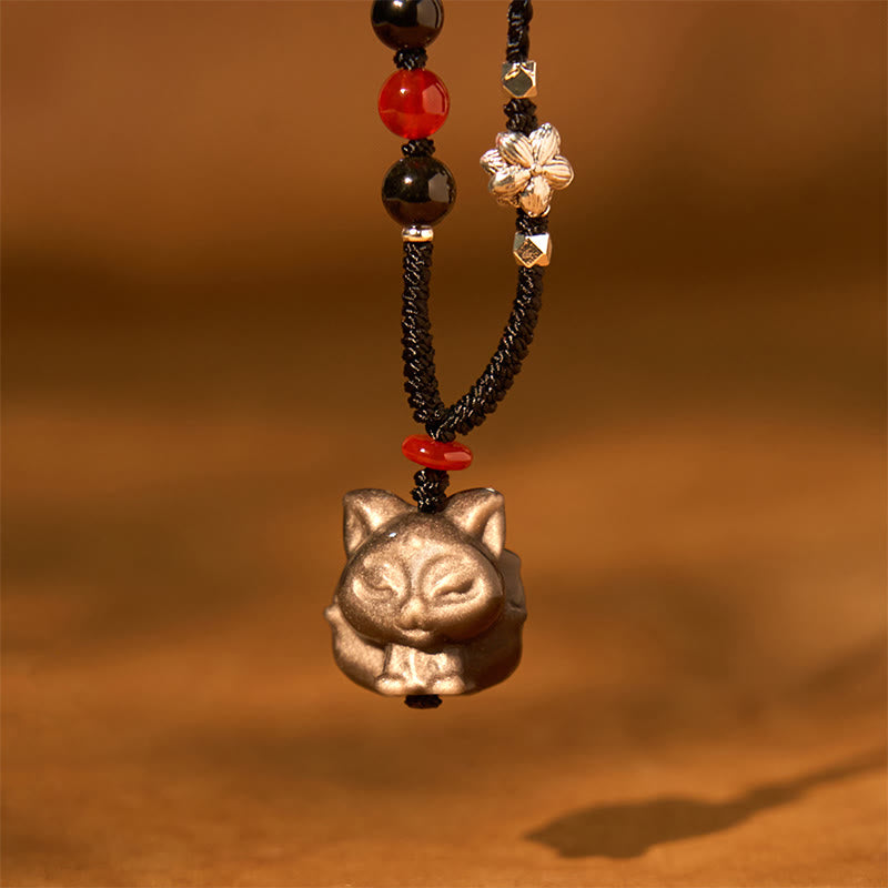 Foviel Natural Silver Sheen Obsidian Nine Tailed Fox Protection Necklace Pendant