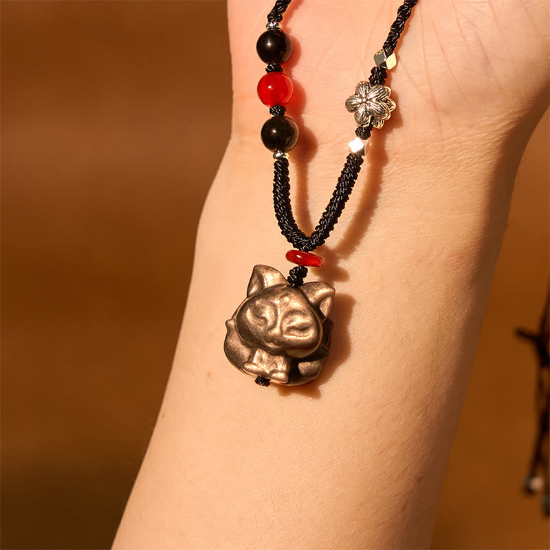 Foviel Natural Silver Sheen Obsidian Nine Tailed Fox Protection Necklace Pendant