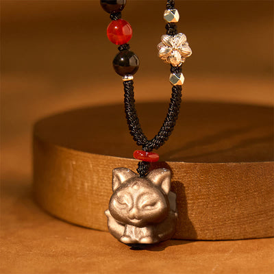 Foviel Natural Silver Sheen Obsidian Nine Tailed Fox Protection Necklace Pendant