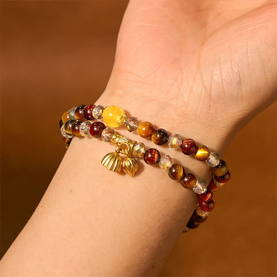 Buddha Stones Colorful Tiger Eye Lotus Multi-circle Elastic Rope Protection Bracelet - image 2