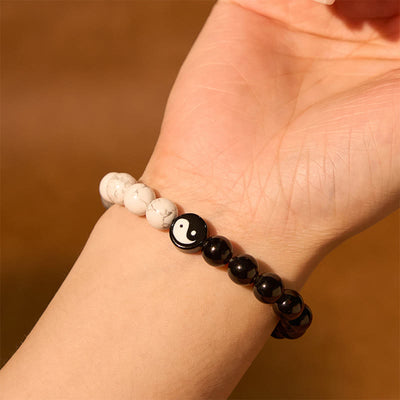 Foviel Natürliche Obsidian Weiß Türkis Yinyang Tai Chi Kraft Armband