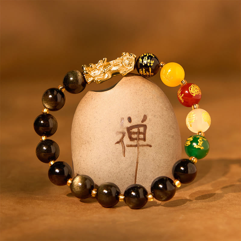 Foviel Natural Gold Sheen Obsidian PiXiu Five Directions Gods of Wealth Protection Bracelet