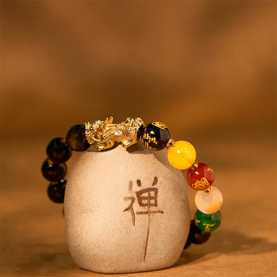 Bracelet de protection Foviel en obsidienne à reflets dorés naturels avec Pixiu et les dieux de la richesse des cinq directions