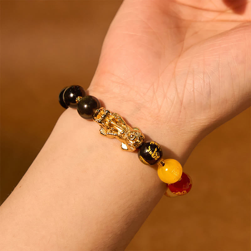 Foviel Natural Gold Sheen Obsidian PiXiu Five Directions Gods of Wealth Protection Bracelet