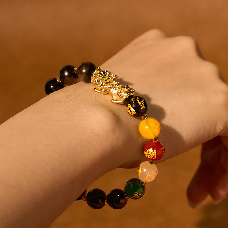 Foviel Natural Gold Sheen Obsidian PiXiu Five Directions Gods of Wealth Protection Bracelet