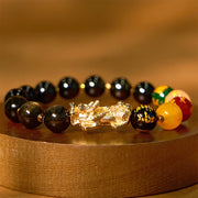 Bracelet de protection Foviel en obsidienne à reflets dorés naturels avec Pixiu et les dieux de la richesse des cinq directions
