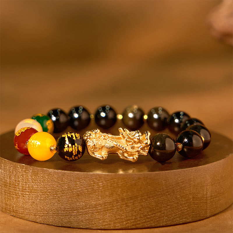 Bracelet de protection Foviel en obsidienne à reflets dorés naturels avec Pixiu et les dieux de la richesse des cinq directions