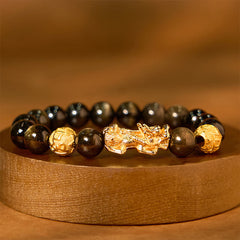 Foviel Natürliches Gold Sheen Obsidian PiXiu Om Mani Padme Hum Reichtum Armband