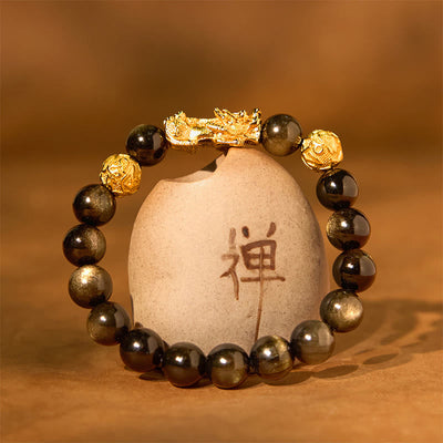 Foviel Natural Gold Sheen Obsidian PiXiu Om Mani Padme Hum Wealth Bracelet