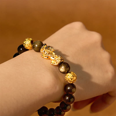 Foviel Natürliches Gold Sheen Obsidian PiXiu Om Mani Padme Hum Reichtum Armband