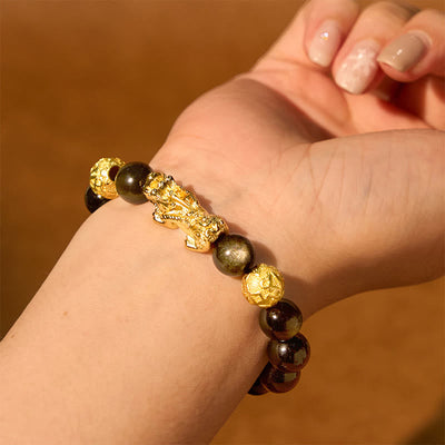 Foviel Natürliches Gold Sheen Obsidian PiXiu Om Mani Padme Hum Reichtum Armband