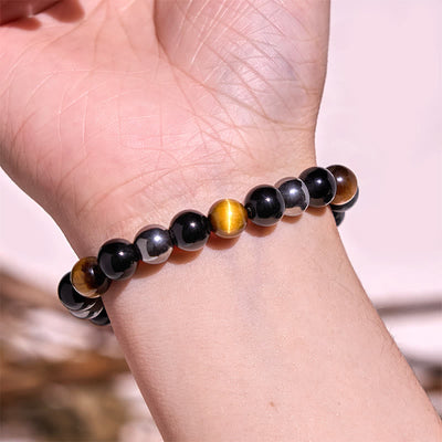 Bracelet Foviel puissant et positif en œil de tigre, obsidienne et hématite