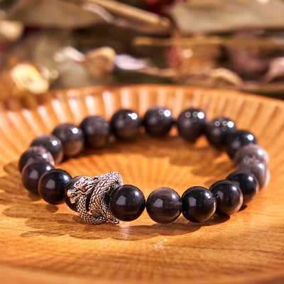 Foviel Silver Sheen Obsidian Dragon Protection Bracelet