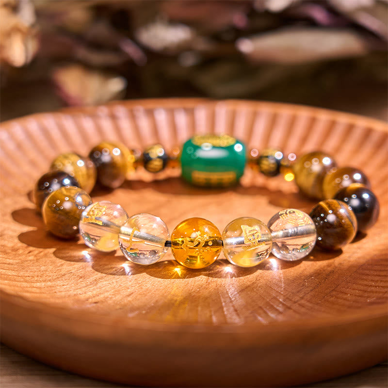 Bracelet de courage Foviel en œil de tigre et cristal blanc du zodiaque chinois
