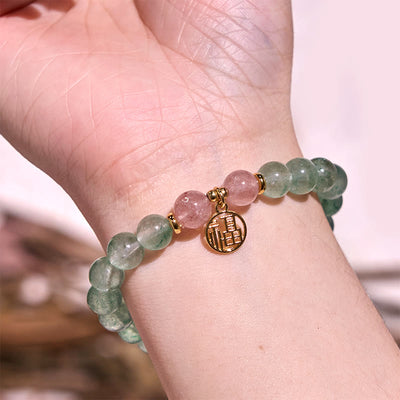 Bracelet Foviel en quartz fraise vert naturel apaisant avec motif Fu