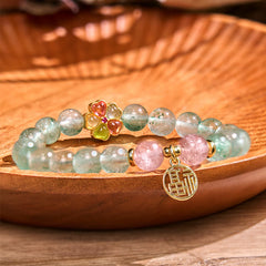 Bracelet Foviel en quartz fraise vert naturel apaisant avec motif Fu