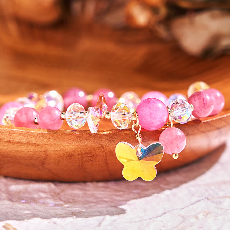 Bracelet amour papillon en quartz fraise, cristal blanc et cristal rose Foviel