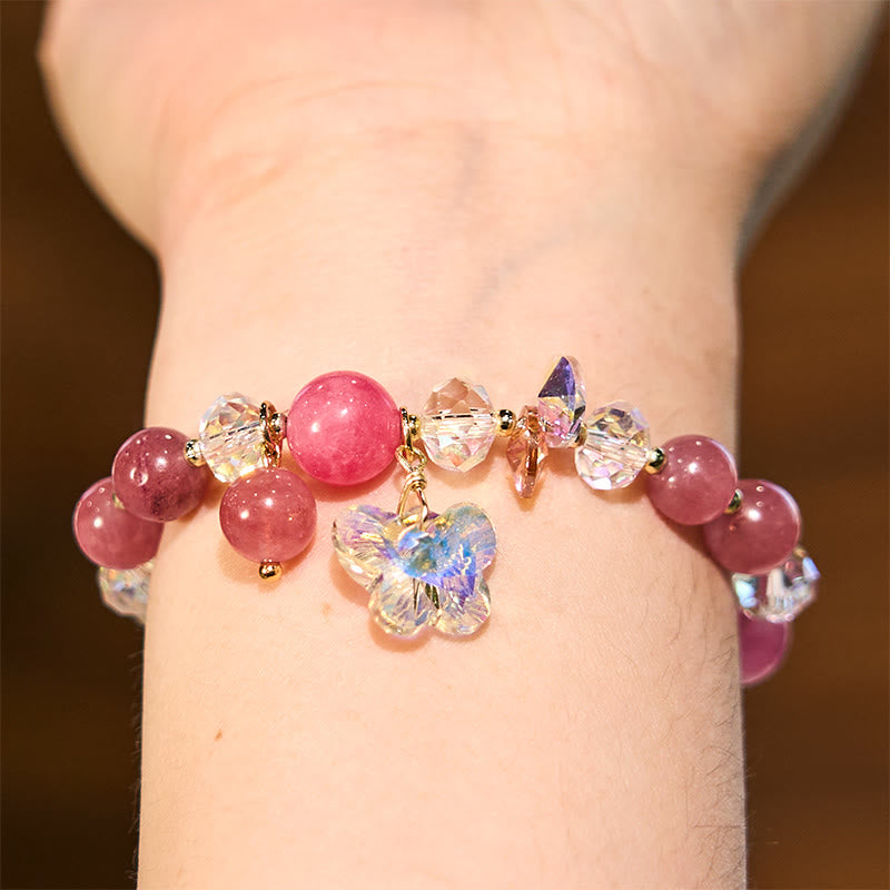 Bracelet amour papillon en quartz fraise, cristal blanc et cristal rose Foviel