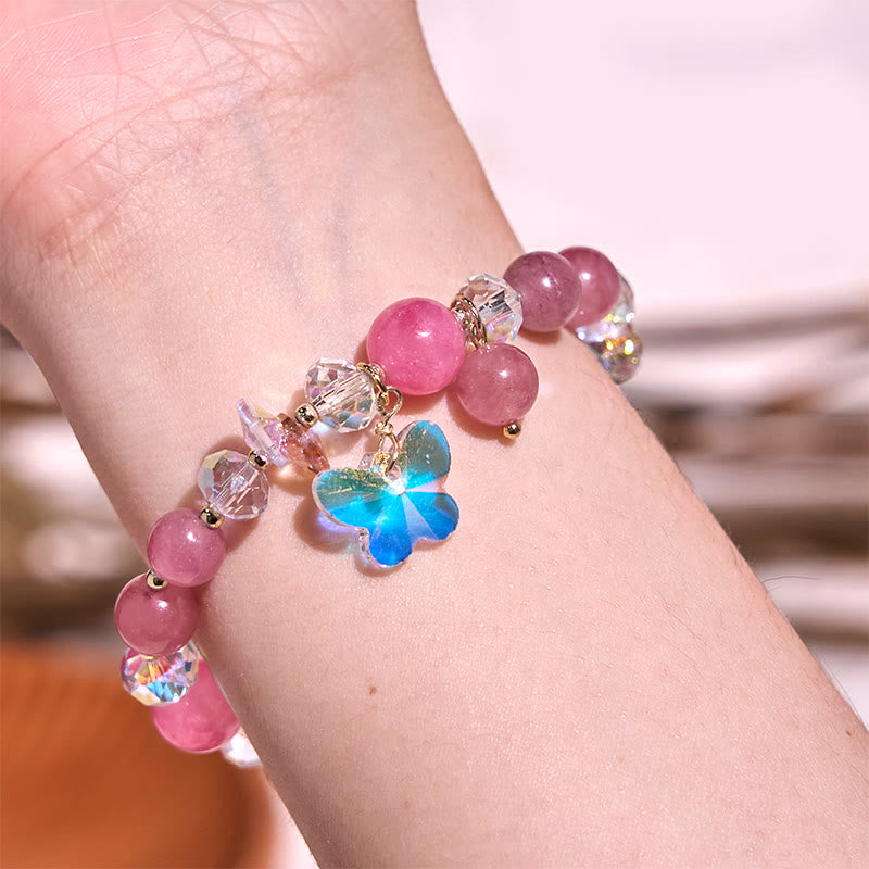Bracelet amour papillon en quartz fraise, cristal blanc et cristal rose Foviel