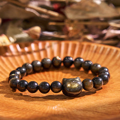 Foviel Gold Sheen Obsidian Silver Sheen Obsidian Lovely Paw Lucky Cat Protection Bracelet