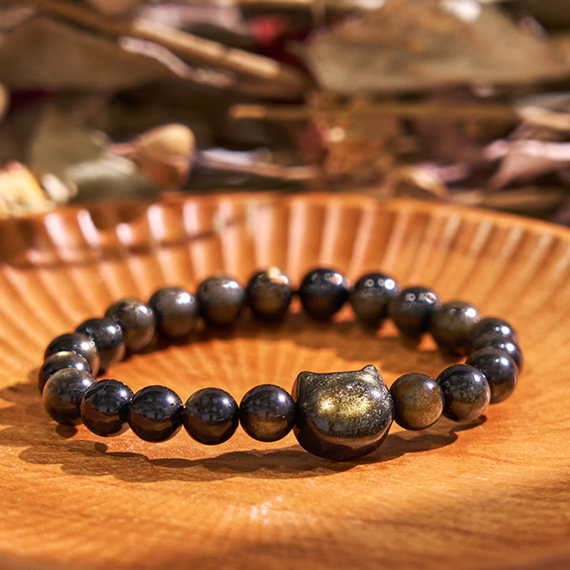 Bracelet de protection Foviel en obsidienne dorée et obsidienne argentée avec adorable chat porte-bonheur en forme de patte