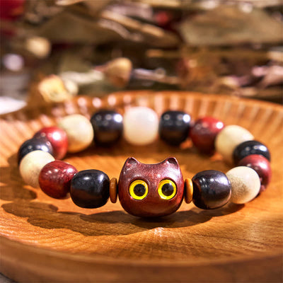 Bracelet de protection Foviel à gravure de chat mignon en bois de santal rouge à petites feuilles et bois d'ébène