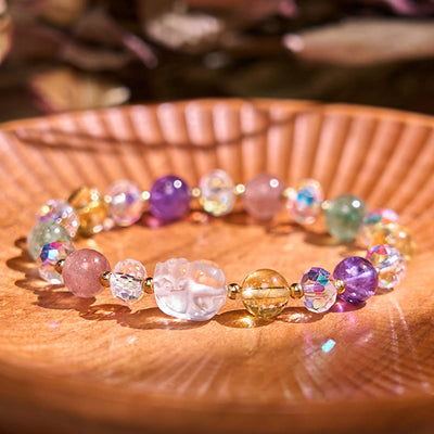 Foviel PiXiu weiß Kristall Citrin grün Erdbeerquarz Amethyst Glück Armband