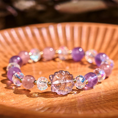 Foviel Amethyst Strawberry Quartz White Crystal Nine Tailed Fox Meditation Bracelet