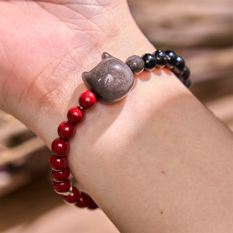 Bracelet Foviel en obsidienne noire, cinabre et obsidienne argentée pour la réalisation des vœux