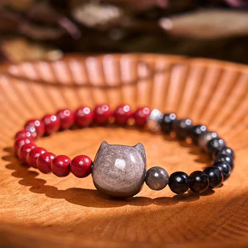 Bracelet Foviel en obsidienne noire, cinabre et obsidienne argentée pour la réalisation des vœux