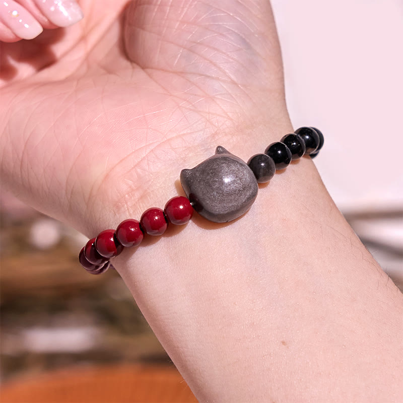 Bracelet Foviel en obsidienne noire, cinabre et obsidienne argentée pour la réalisation des vœux