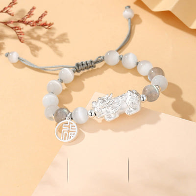 Buddha Stones Pi Xiu Six True Words 999 Sterling Silver Black Obsidian White Turquoise Chrysoberyl Luck Bracelet Bracelet BS 999 Sterling Silver Chrysoberyl Moonstone(Wrist Circumference: 16-21cm)