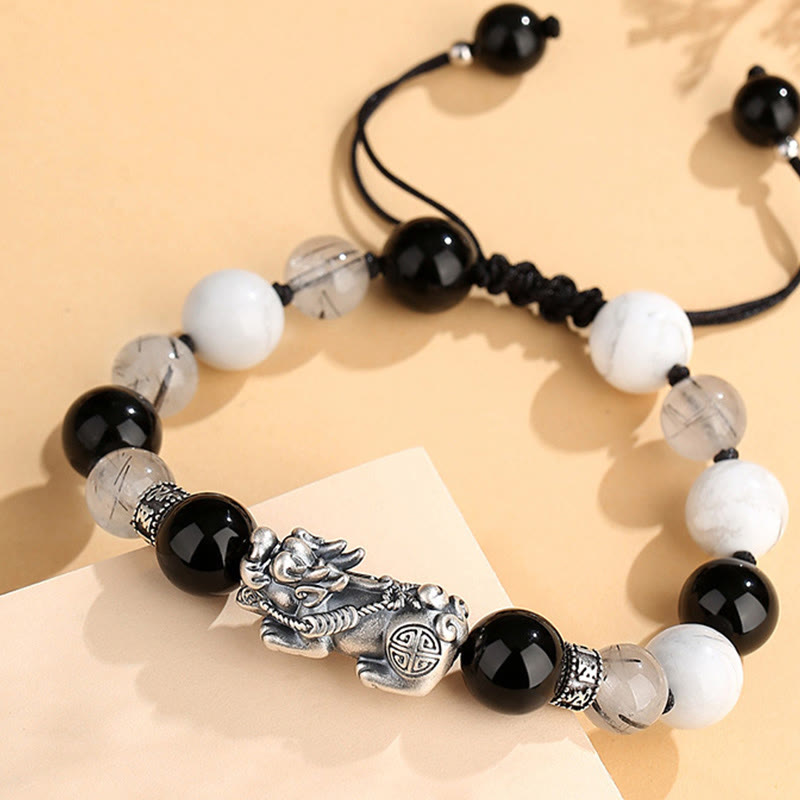 Buddha Stones Pi Xiu Six True Words 999 Sterling Silver Black Obsidian White Turquoise Chrysoberyl Luck Bracelet Bracelet BS 2
