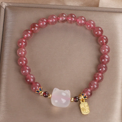Buddha Stones Strawberry Quartz White Jade Cat Fu Character Healing Bracelet Bracelet BS 10