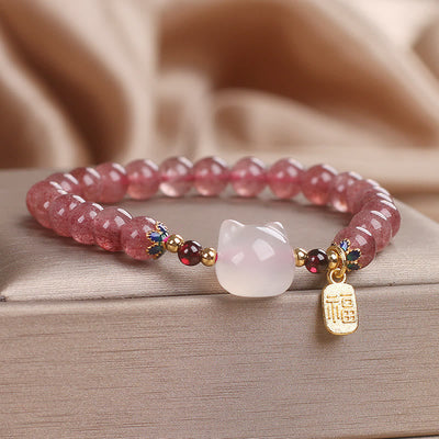 Buddha Stones Strawberry Quartz White Jade Cat Fu Character Healing Bracelet Bracelet BS 2