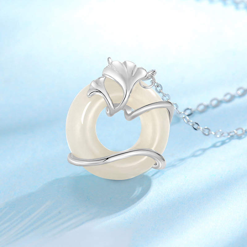 Buddha Stones Hetian Jade 925 Sterling Silver Peace Buckle Ginkgo Leaf Necklace Pendant Necklaces & Pendants BS 10